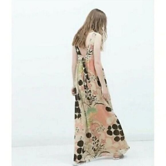 Zara Floral Halter Maxi Dress V-neck Empire Waist Open Back Tank Top Boho XS - Picture 15 of 15